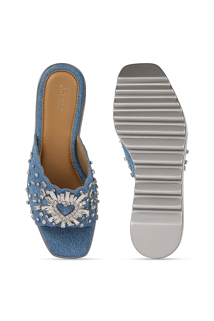 Blue Denim Embellished Wedges by Anaar at Pernia's Pop Up Shop