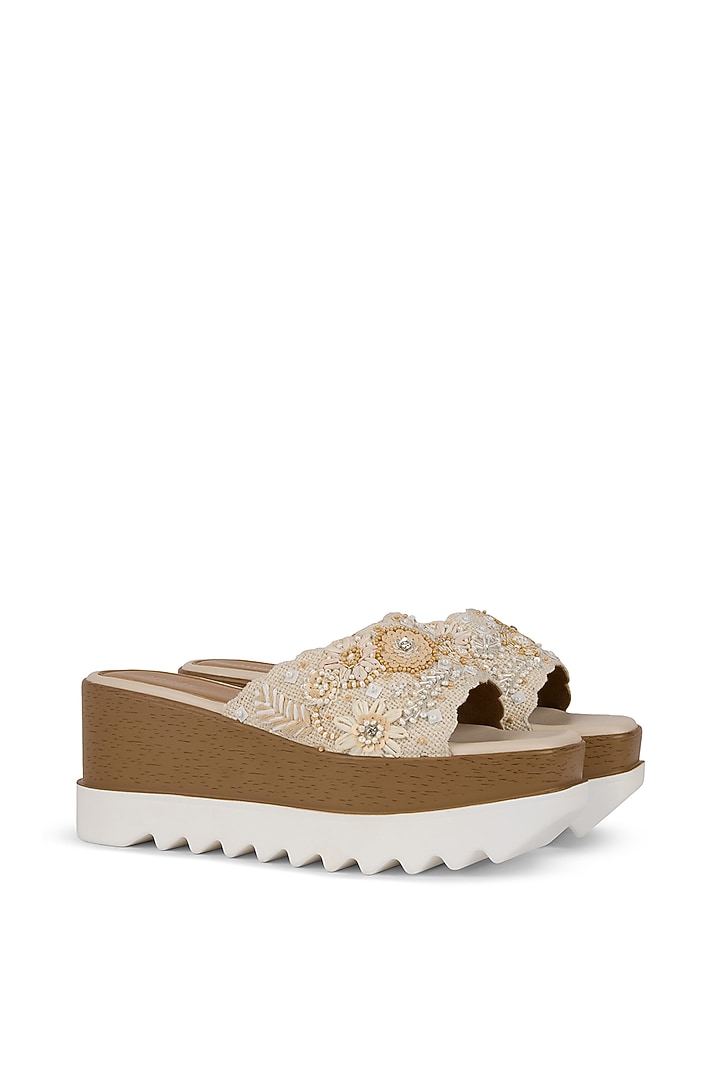 Beige Jute Cutdana Embroidered Wedges by Anaar at Pernia's Pop Up Shop
