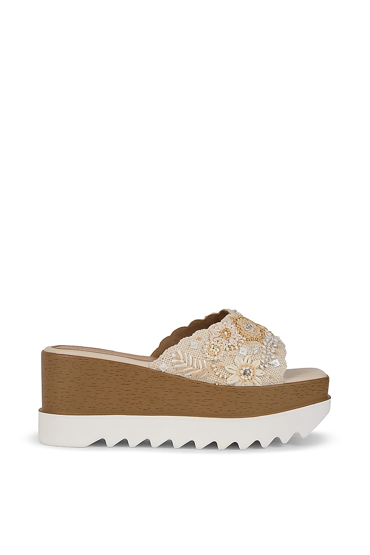 Beige Jute Cutdana Embroidered Wedges by Anaar at Pernia's Pop Up Shop
