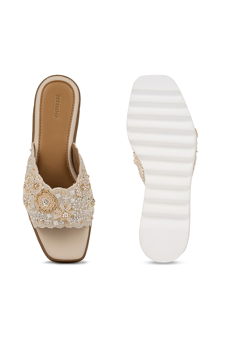Beige Jute Cutdana Embroidered Wedges by Anaar at Pernia's Pop Up Shop