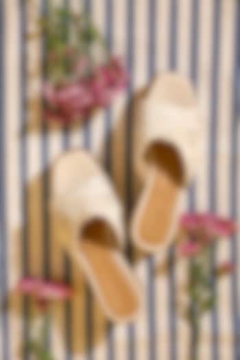 Off-White Chiffon Diamond Embellished Wedges by Anaar at Pernia's Pop Up Shop