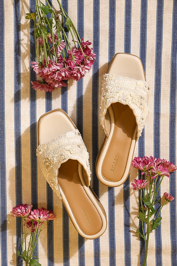 Off-White Chiffon Diamond Embellished Wedges by Anaar at Pernia's Pop Up Shop