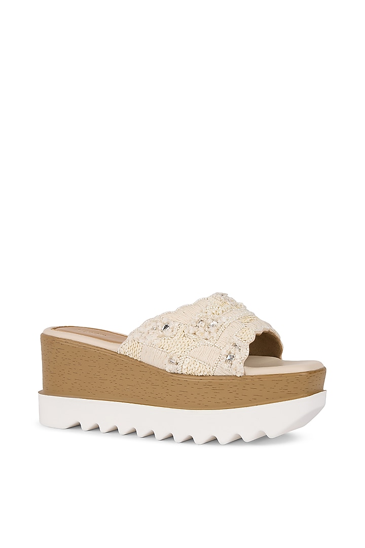 Off-White Chiffon Diamond Embellished Wedges by Anaar at Pernia's Pop Up Shop