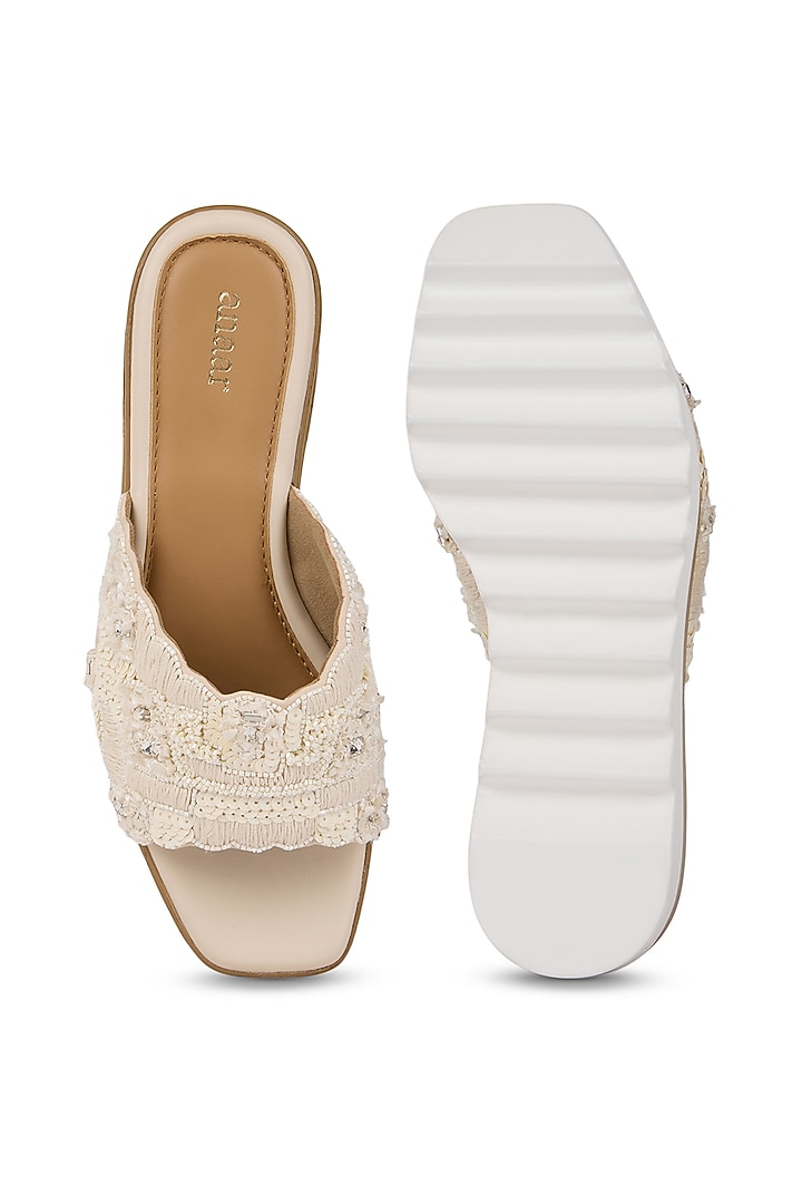 Off-White Chiffon Diamond Embellished Wedges by Anaar at Pernia's Pop Up Shop