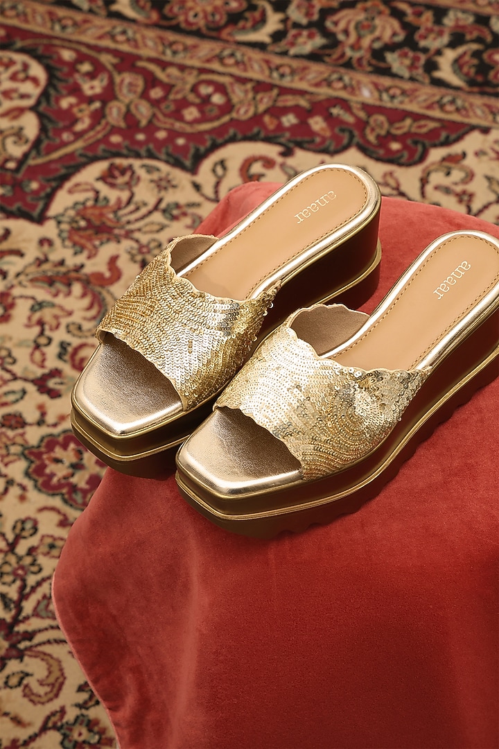 Gold Satin Sequins Embellished Wedges by Anaar at Pernia's Pop Up Shop
