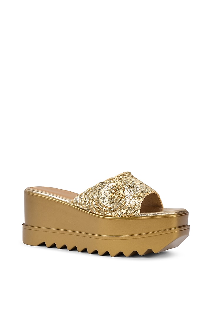 Gold Satin Sequins Embellished Wedges by Anaar at Pernia's Pop Up Shop
