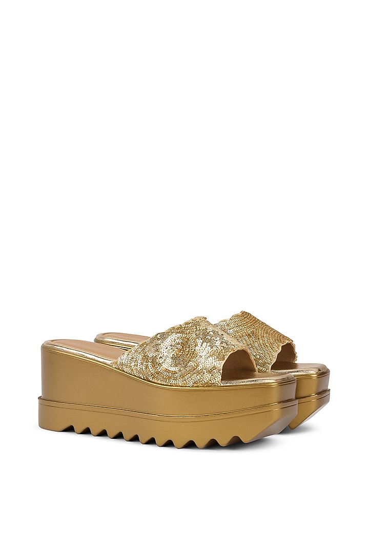 Gold Satin Sequins Embellished Wedges by Anaar at Pernia's Pop Up Shop