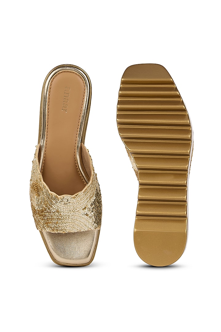Gold Satin Sequins Embellished Wedges by Anaar at Pernia's Pop Up Shop