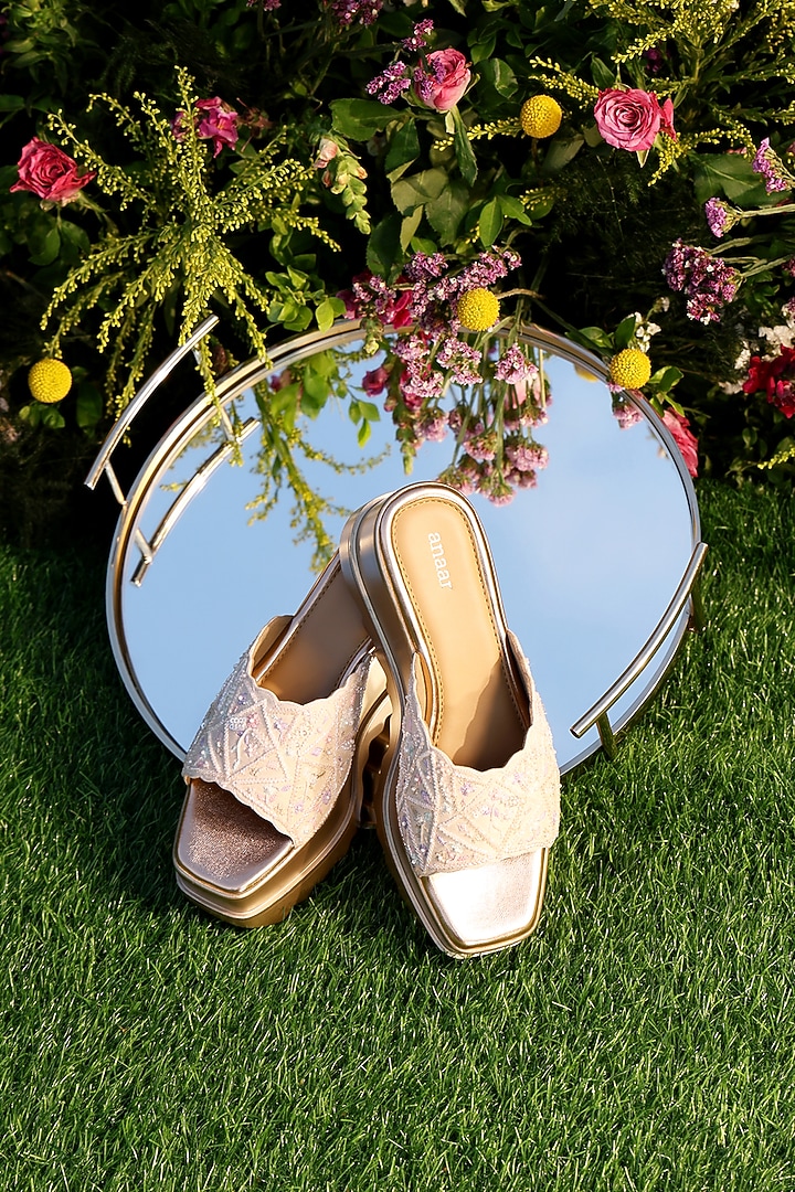Pink Raw Silk & Crepe Floral Embellished Wedges by Anaar at Pernia's Pop Up Shop