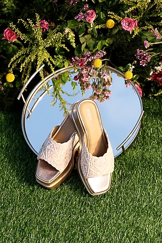 Pink Raw Silk & Crepe Floral Embellished Wedges by Anaar