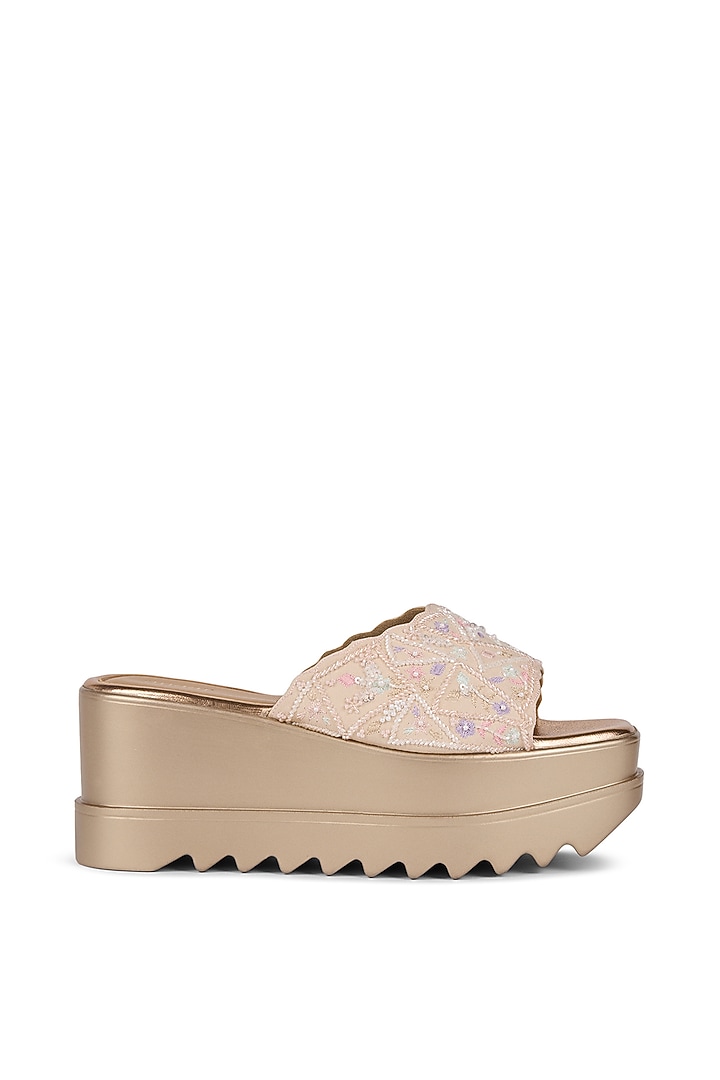 Pink Raw Silk & Crepe Floral Embellished Wedges by Anaar at Pernia's Pop Up Shop