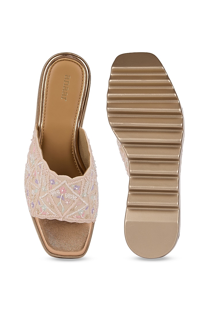Pink Raw Silk & Crepe Floral Embellished Wedges by Anaar at Pernia's Pop Up Shop