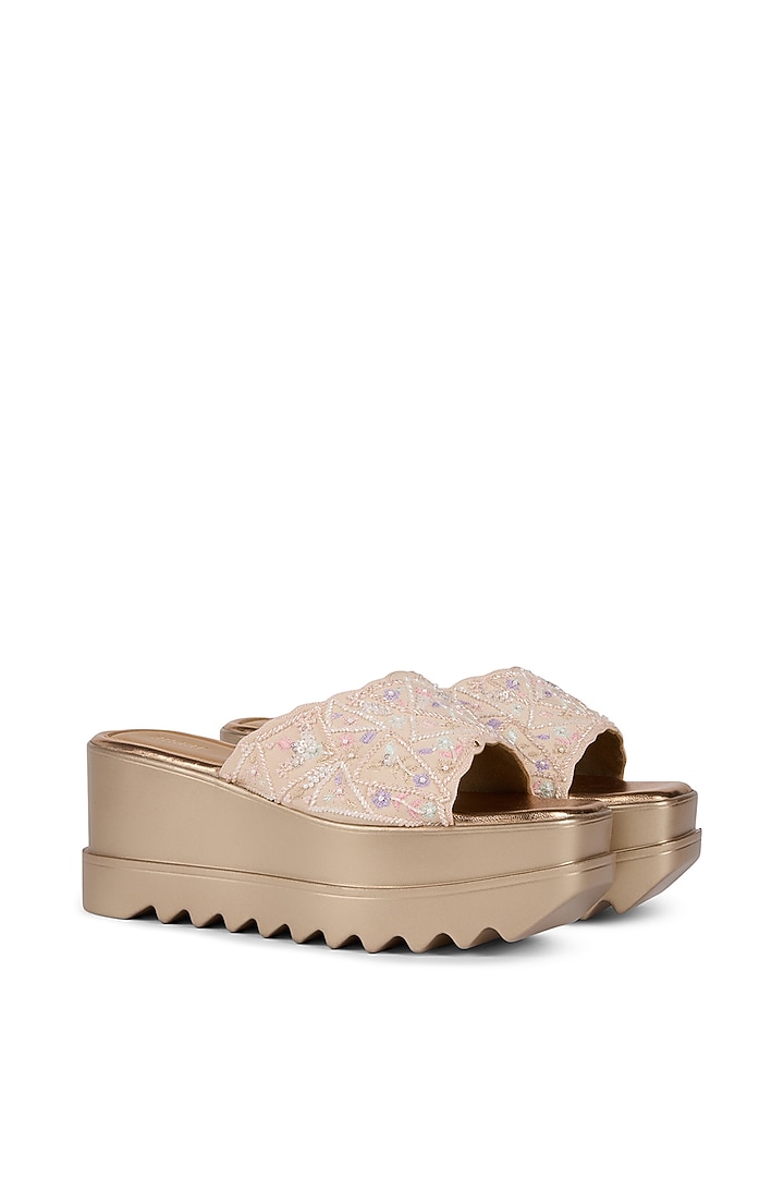 Pink Raw Silk & Crepe Floral Embellished Wedges by Anaar at Pernia's Pop Up Shop