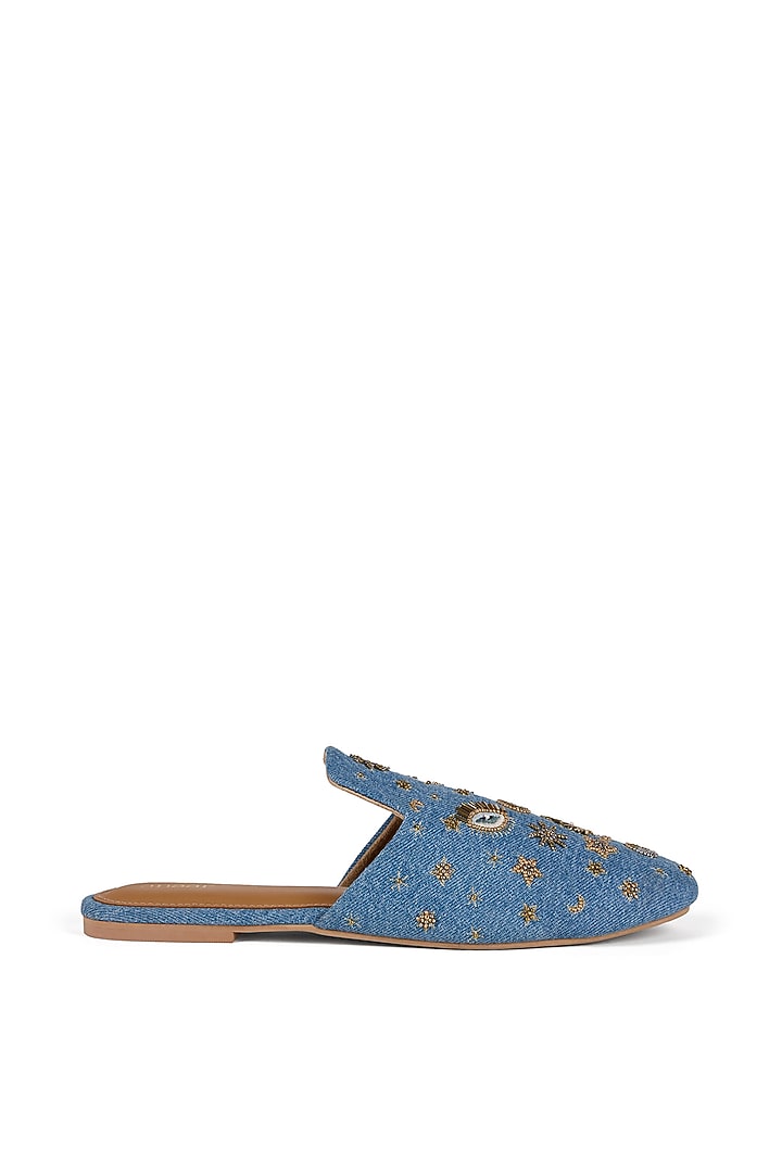 Blue Denim Cutdana Embroidered Slip-on Mules by Anaar at Pernia's Pop Up Shop