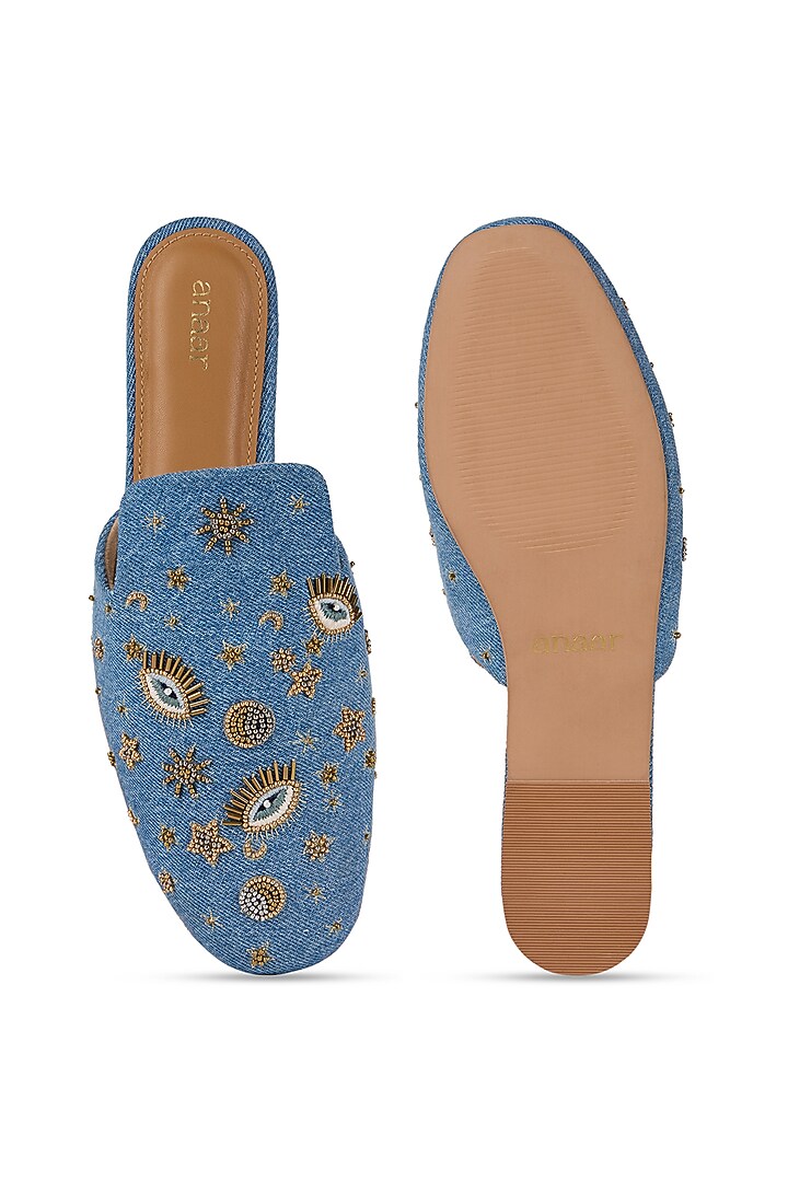 Blue Denim Cutdana Embroidered Slip-on Mules by Anaar at Pernia's Pop Up Shop