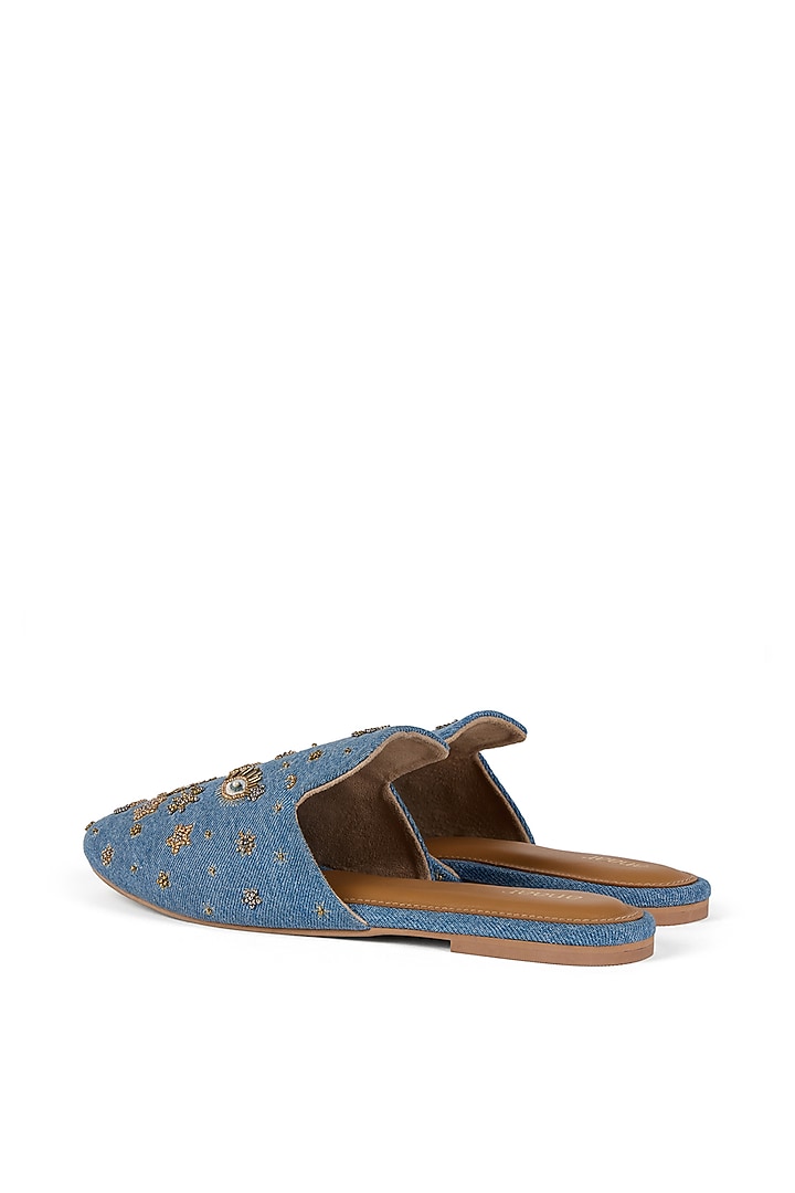 Blue Denim Cutdana Embroidered Slip-on Mules by Anaar at Pernia's Pop Up Shop