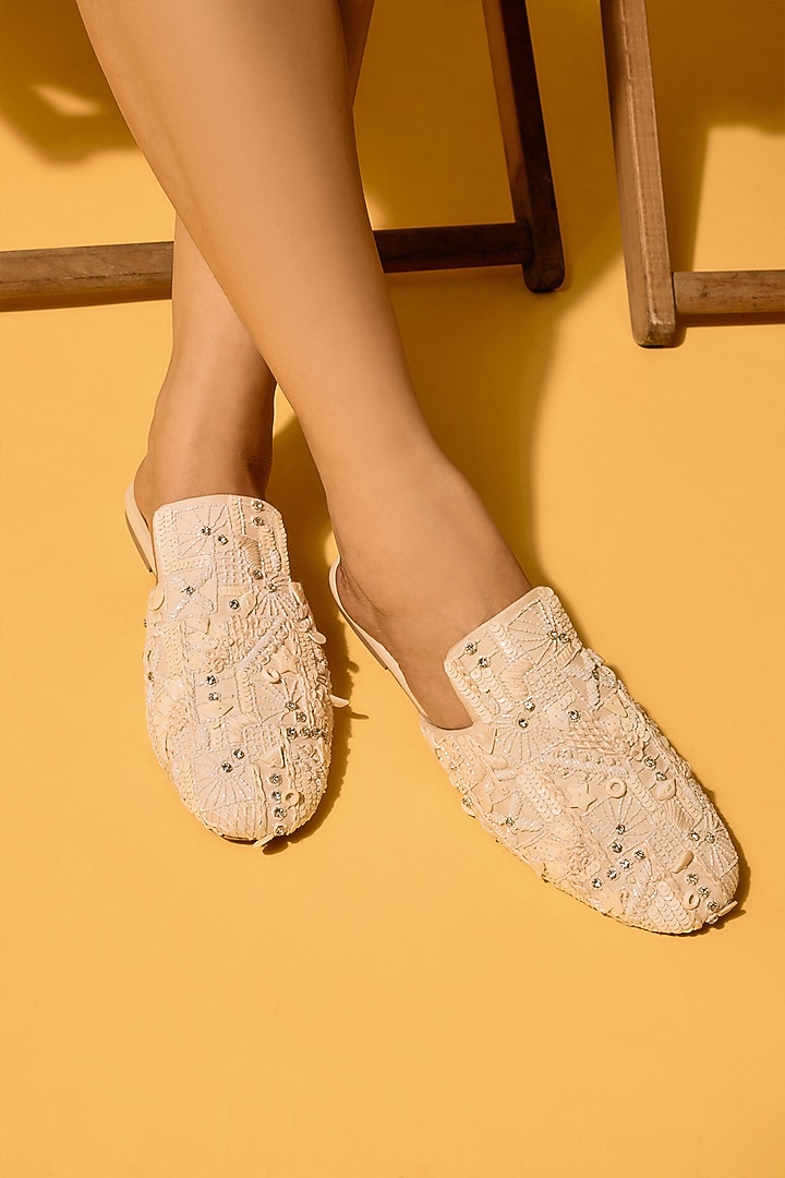 Off-White Chiffon Cutdana Embroidered Flats by Anaar at Pernia's Pop Up Shop