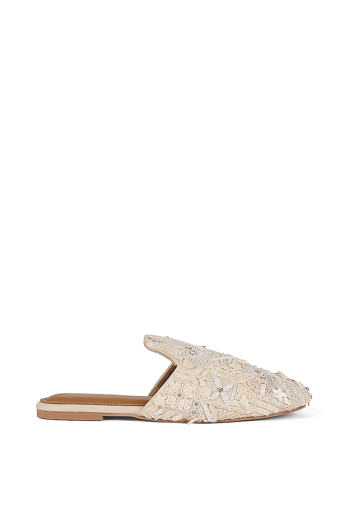 Off-White Chiffon Cutdana Embroidered Flats by Anaar at Pernia's Pop Up Shop