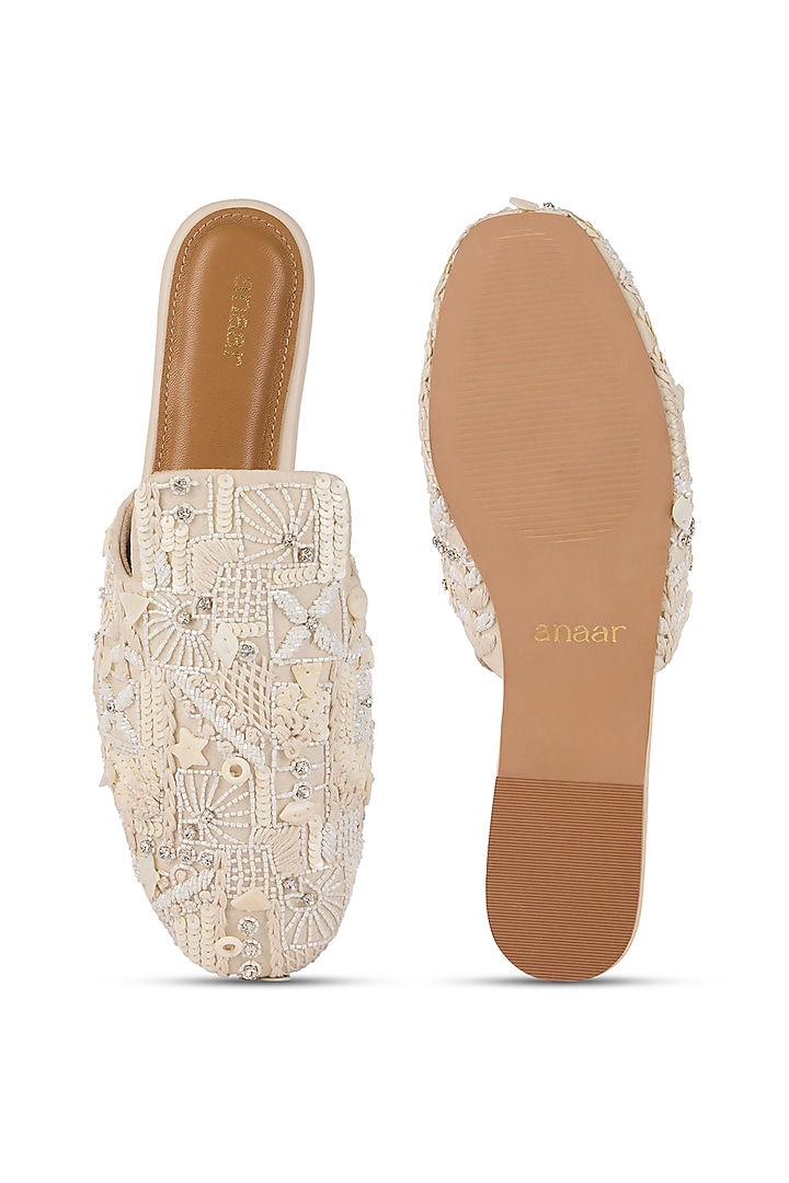 Off-White Chiffon Cutdana Embroidered Flats by Anaar at Pernia's Pop Up Shop