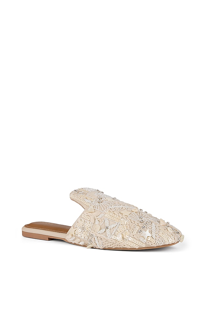Off-White Chiffon Cutdana Embroidered Flats by Anaar at Pernia's Pop Up Shop