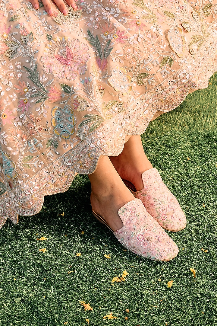 Pink Satin Thread Work Embroidered Flats by Anaar at Pernia's Pop Up Shop