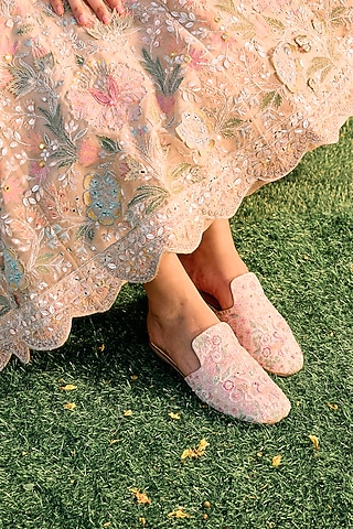 Pink Satin Thread Work Embroidered Flats by Anaar