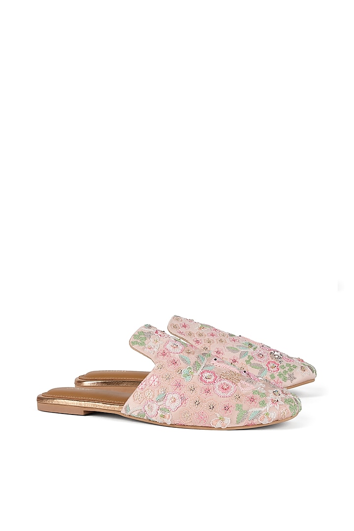 Pink Satin Thread Work Embroidered Flats by Anaar at Pernia's Pop Up Shop