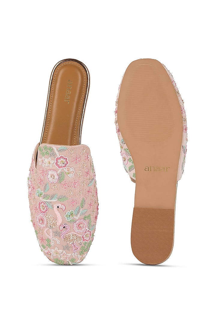 Pink Satin Thread Work Embroidered Flats by Anaar at Pernia's Pop Up Shop