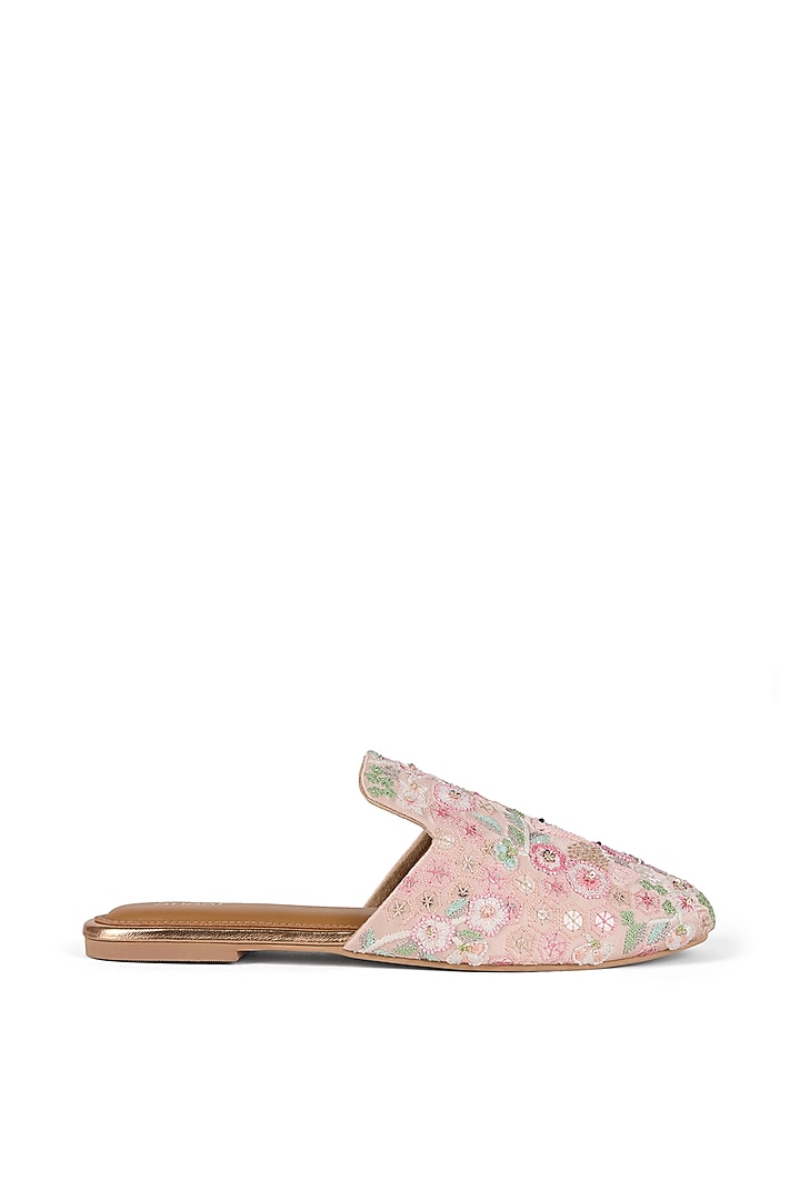 Pink Satin Thread Work Embroidered Flats by Anaar at Pernia's Pop Up Shop