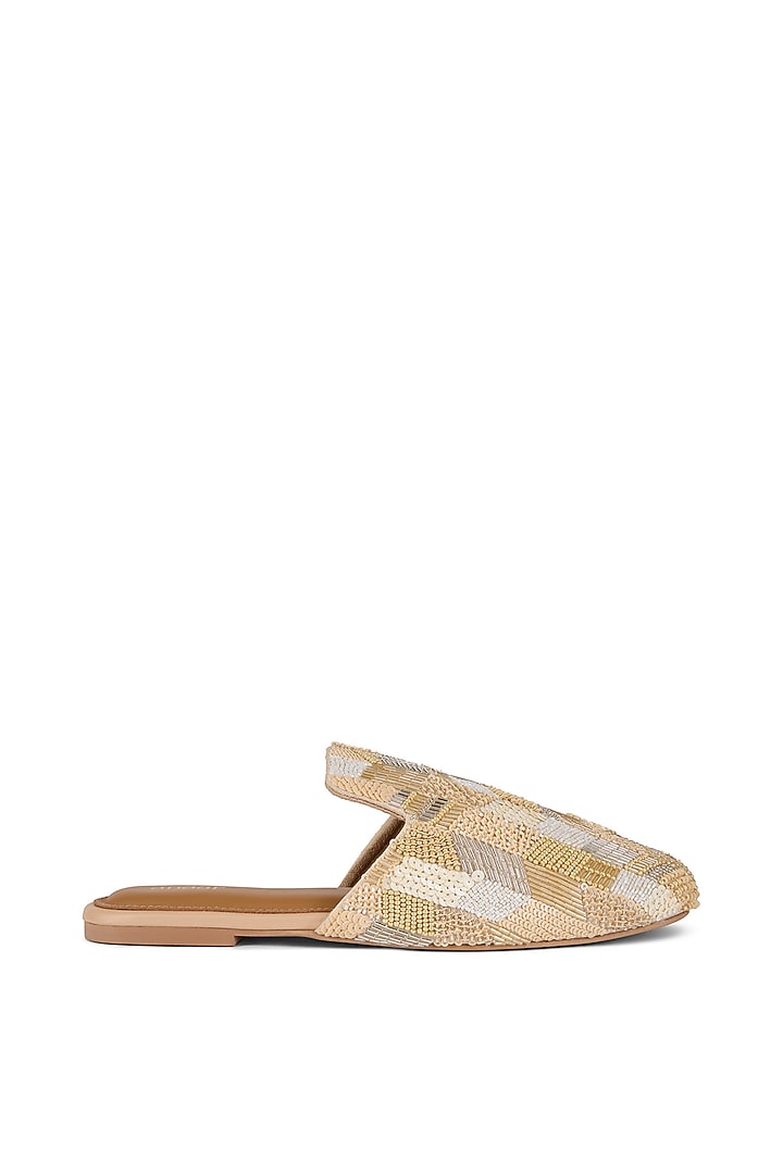 Beige Crepe Sequins Embroidered Mules by Anaar at Pernia's Pop Up Shop