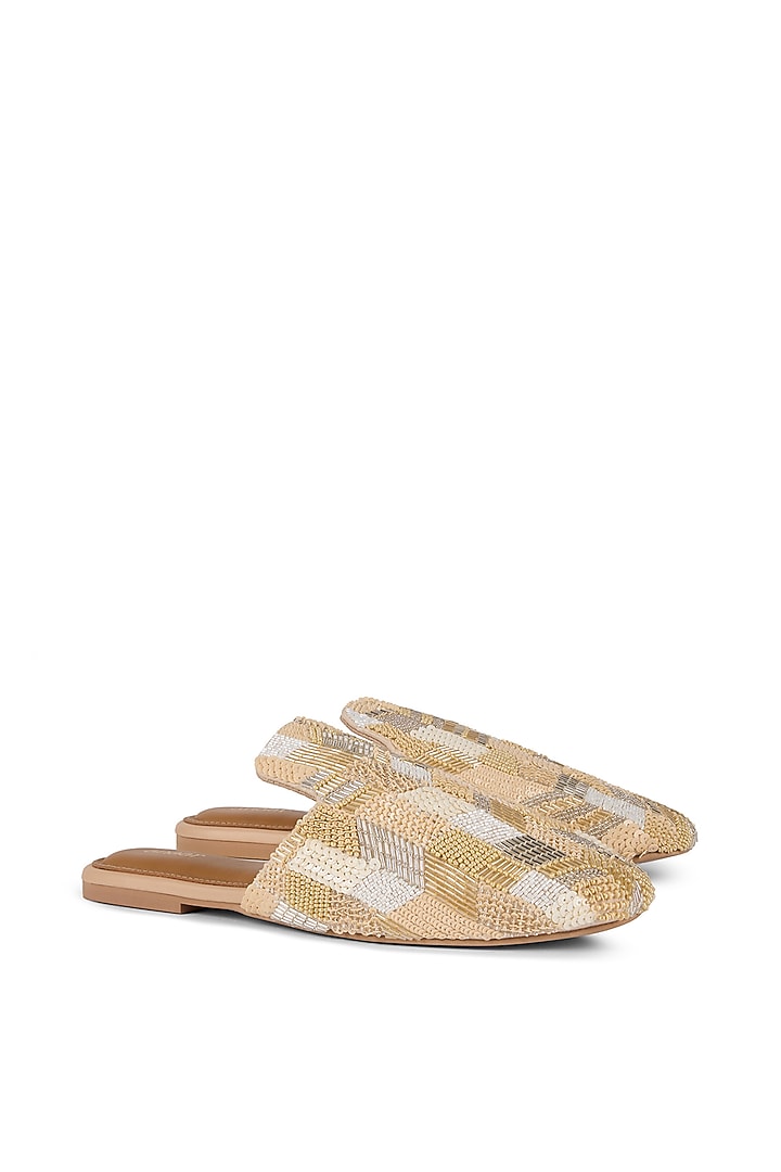 Beige Crepe Sequins Embroidered Mules by Anaar at Pernia's Pop Up Shop