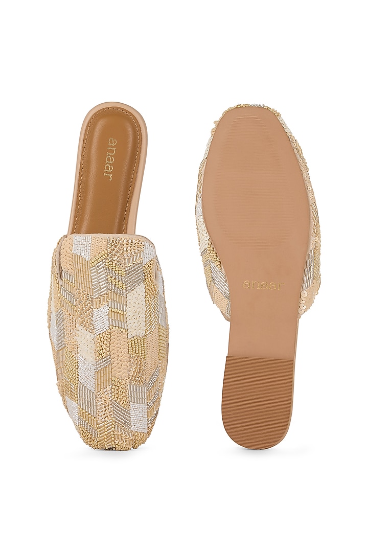 Beige Crepe Sequins Embroidered Mules by Anaar at Pernia's Pop Up Shop