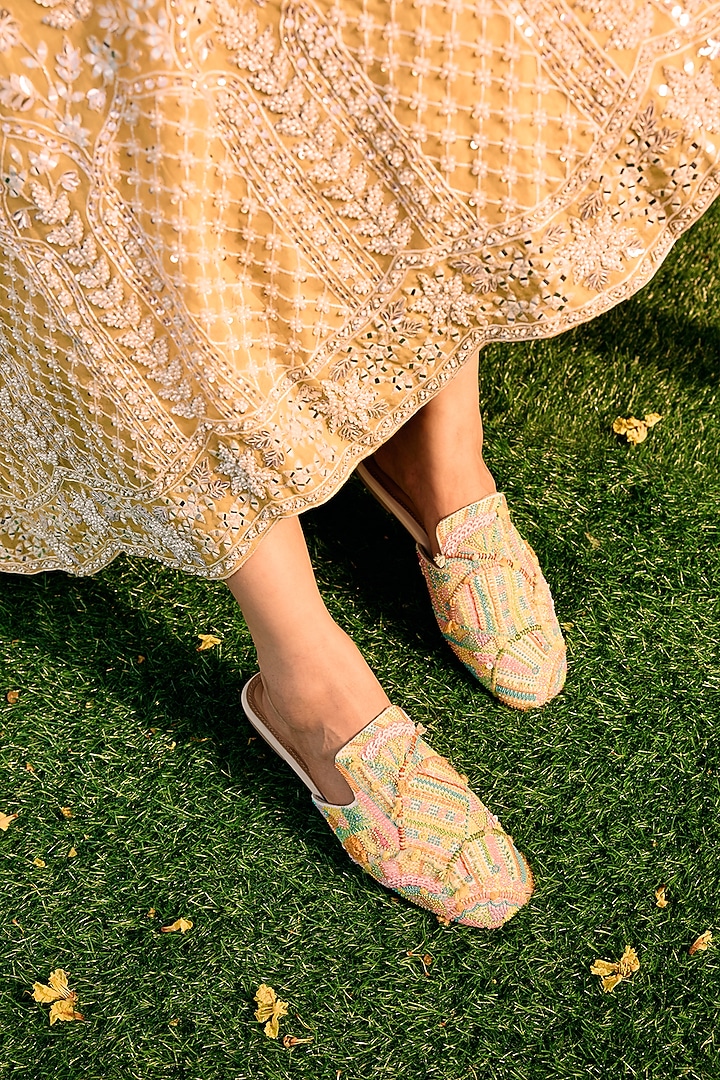 Multi-Colored Raw Silk Cutdana Embroidered Mules by Anaar at Pernia's Pop Up Shop