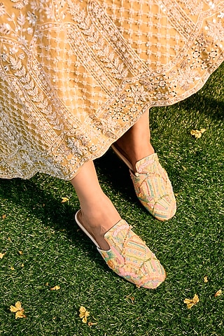 Multi-Colored Raw Silk Cutdana Embroidered Mules by Anaar