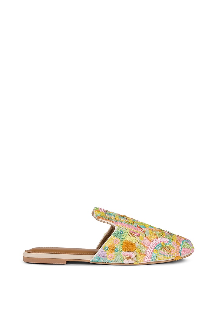 Multi-Colored Raw Silk Cutdana Embroidered Mules by Anaar at Pernia's Pop Up Shop