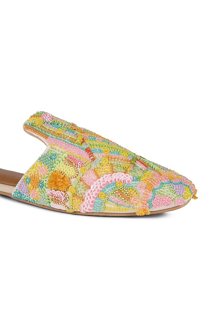 Multi-Colored Raw Silk Cutdana Embroidered Mules by Anaar at Pernia's Pop Up Shop