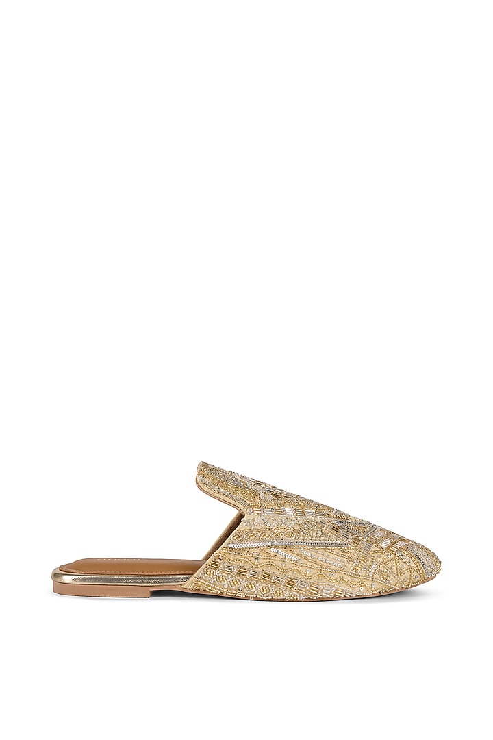 Gold Satin Sequins Embellished Mules by Anaar at Pernia's Pop Up Shop