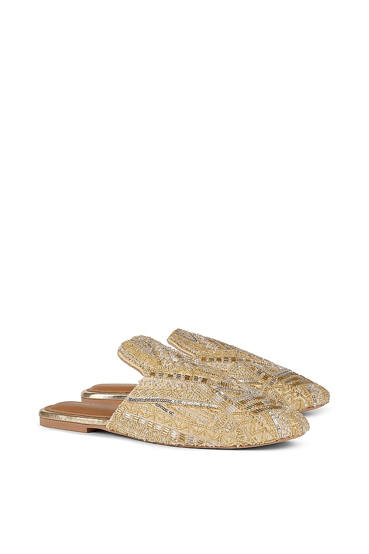 Gold Satin Sequins Embellished Mules by Anaar at Pernia's Pop Up Shop