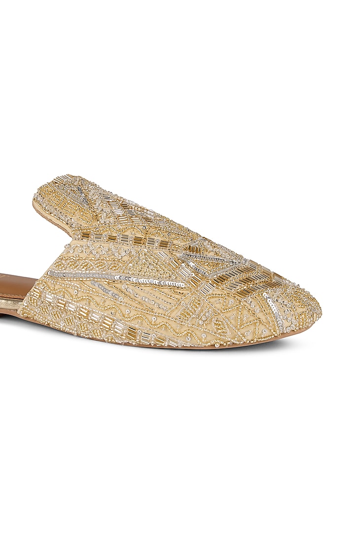 Gold Satin Sequins Embellished Mules by Anaar at Pernia's Pop Up Shop