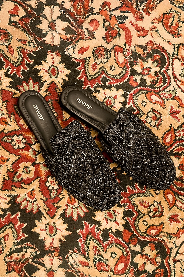 Black Satin Sequins Embroidered Mules by Anaar at Pernia's Pop Up Shop