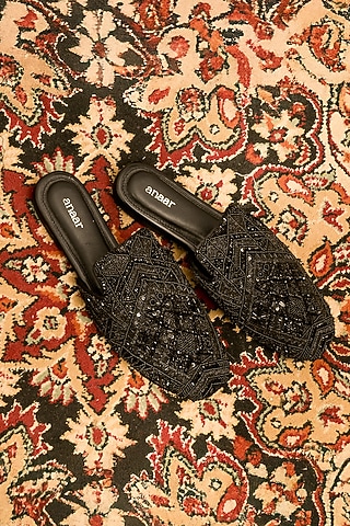 Black Satin Sequins Embroidered Mules by Anaar