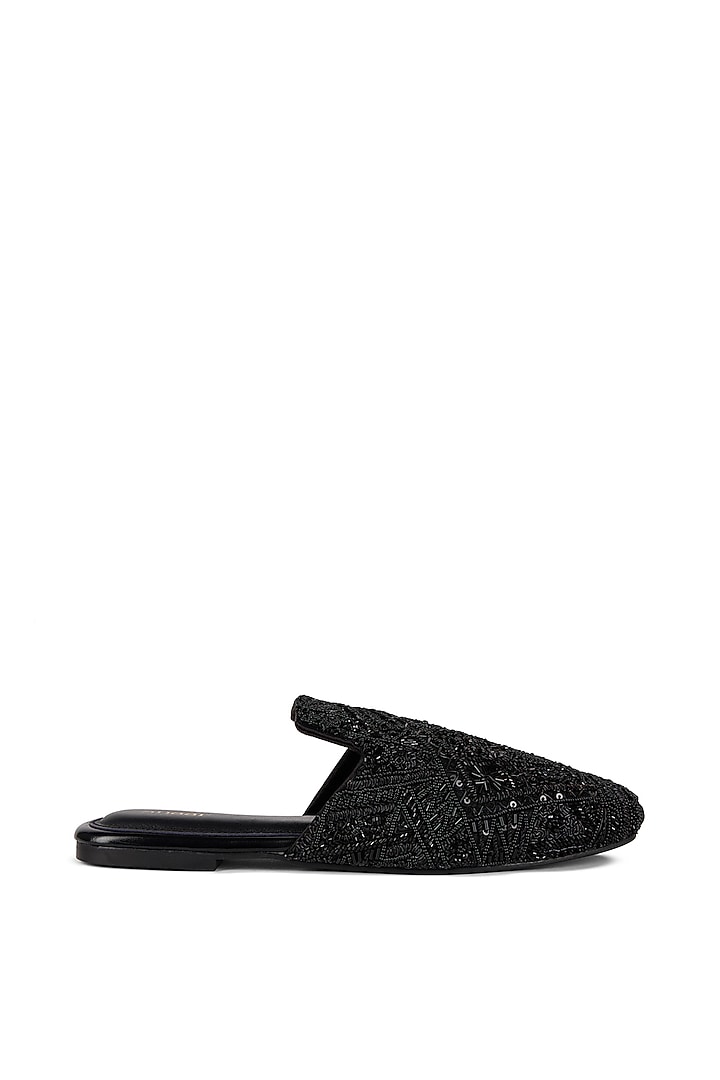 Black Satin Sequins Embroidered Mules by Anaar at Pernia's Pop Up Shop