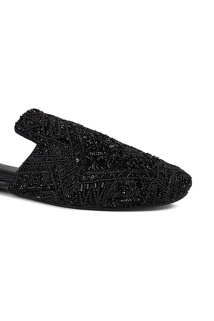 Black Satin Sequins Embroidered Mules by Anaar at Pernia's Pop Up Shop