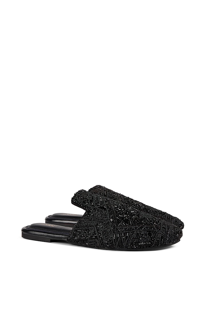Black Satin Sequins Embroidered Mules by Anaar at Pernia's Pop Up Shop
