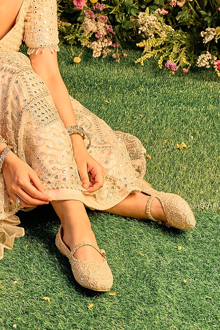 Beige Lace Sequins Embroidered Ballerina Flats by Anaar at Pernia's Pop Up Shop