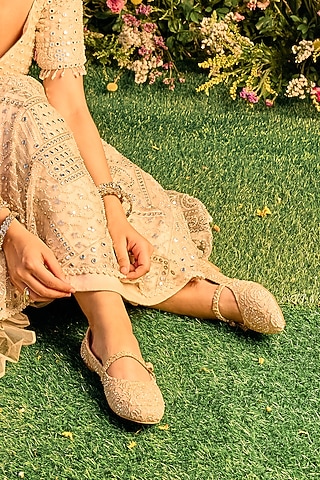 Beige Lace Sequins Embroidered Ballerina Flats by Anaar