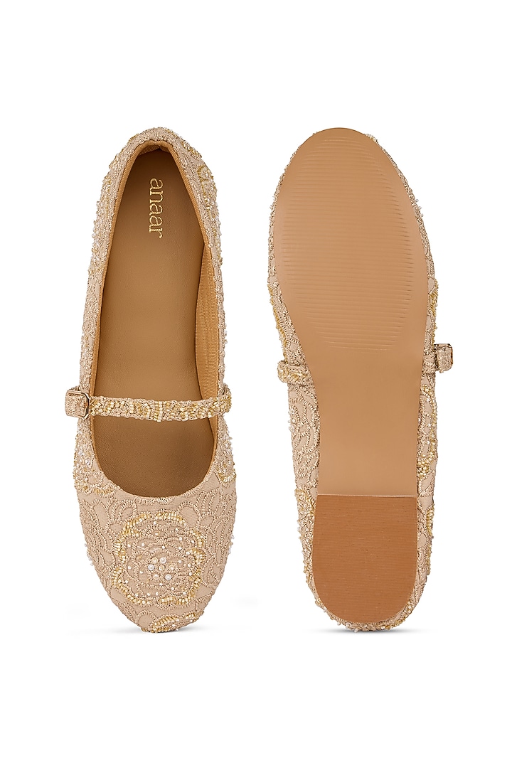 Beige Lace Sequins Embroidered Ballerina Flats by Anaar at Pernia's Pop Up Shop