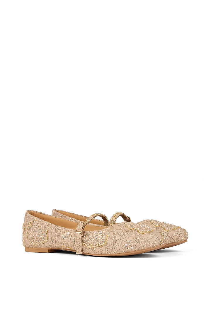 Beige Lace Sequins Embroidered Ballerina Flats by Anaar at Pernia's Pop Up Shop