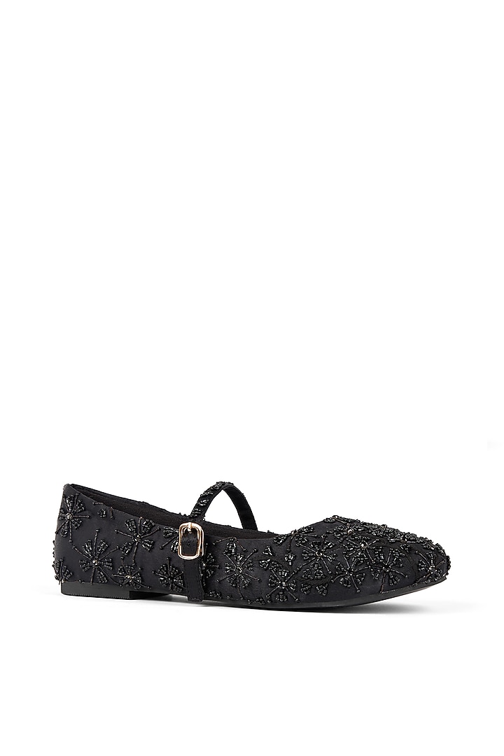 Black Satin Cutdana Embroidered Ballerina Flats by Anaar at Pernia's Pop Up Shop