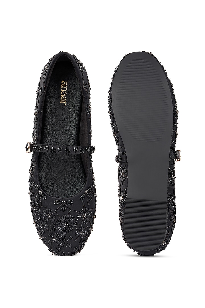 Black Satin Cutdana Embroidered Ballerina Flats by Anaar at Pernia's Pop Up Shop